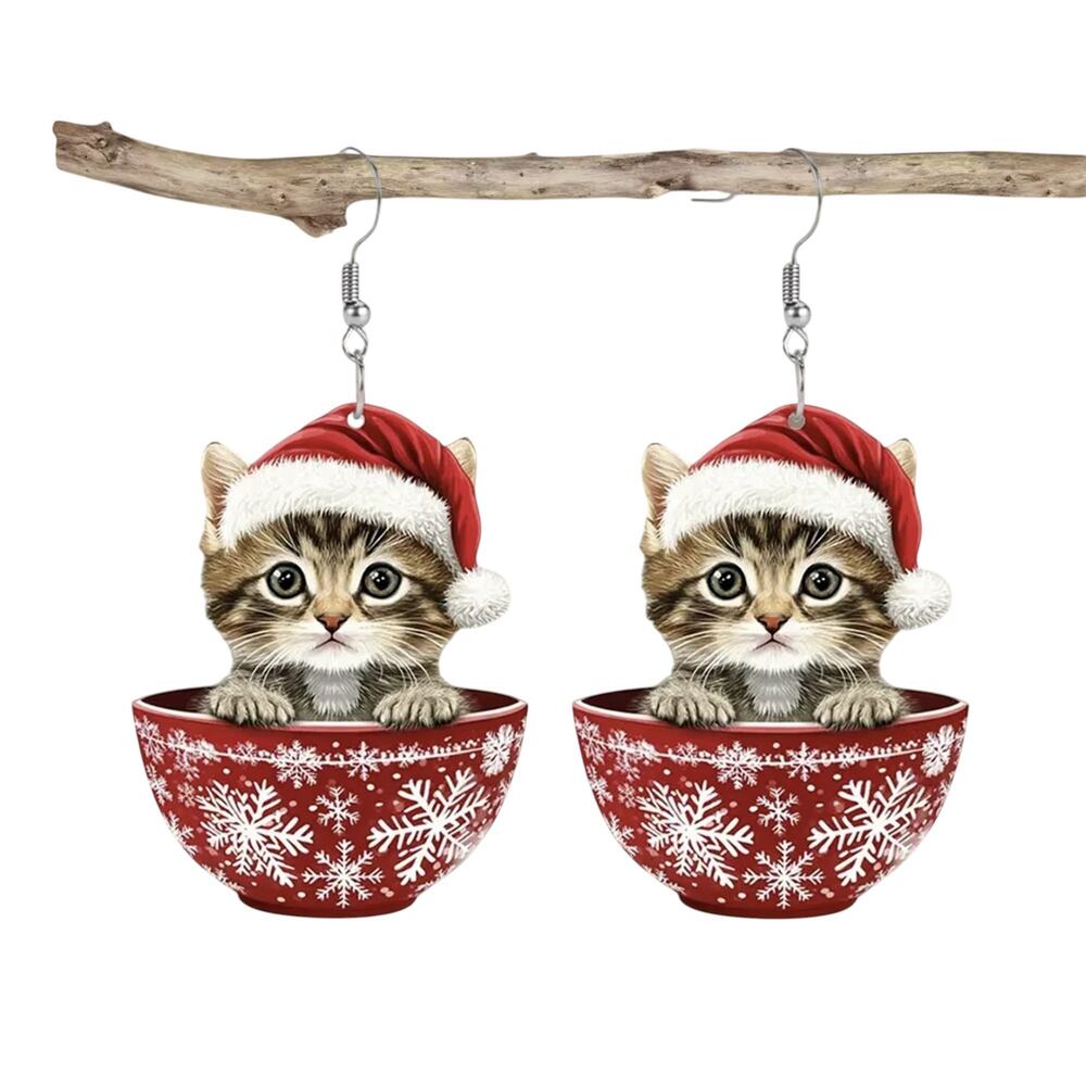 Christmas Tabby Cat in Red Teacup Earrings